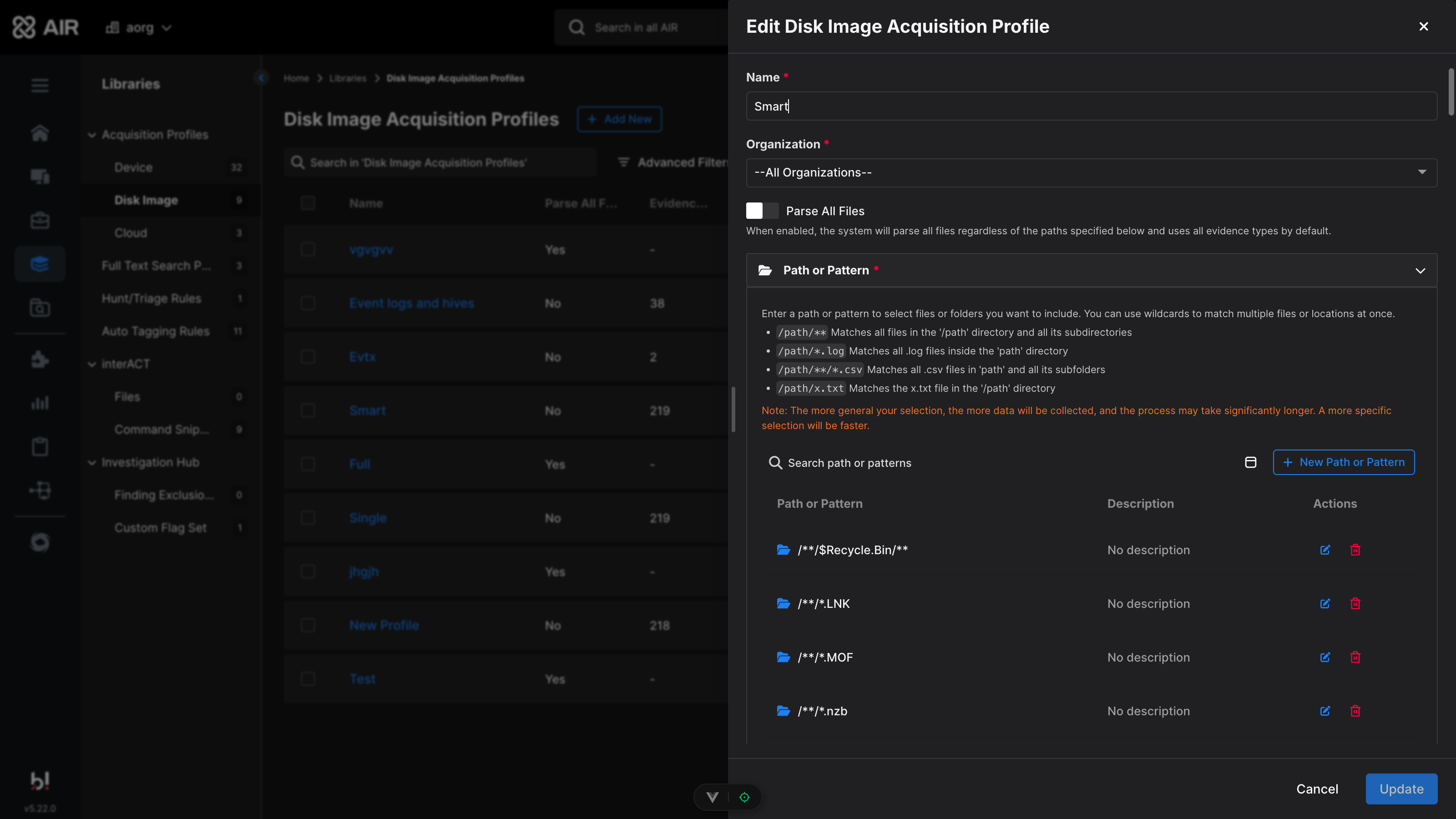 Edit Disk Image Acquisition Profile page with paths and evidence types
